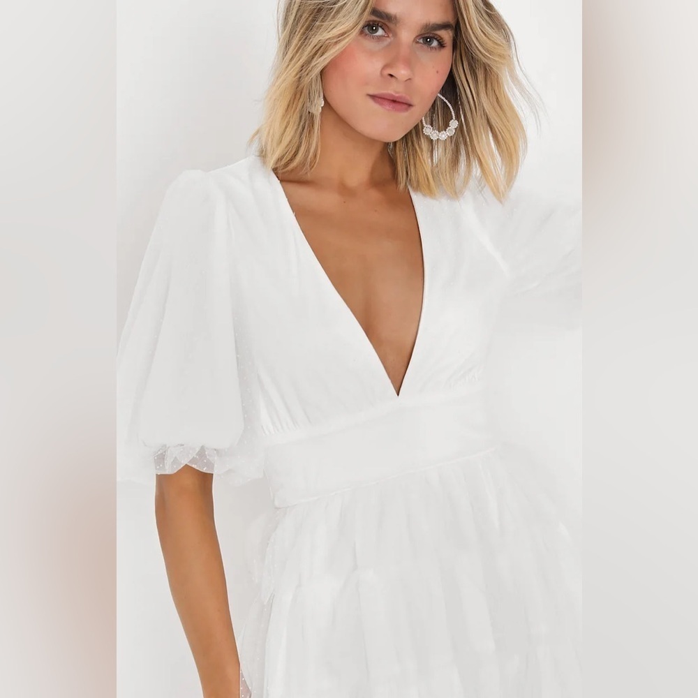 Dramatic Poise White Dot Tulle Puff Sleeve Tiered Mini Dress - Picture 4 of 7